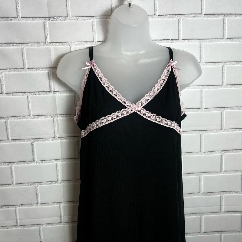 Spoiled Angel Y2K Inspired Black Ribbed Pink Lace Trim Cami Sleep Dress Nightgow